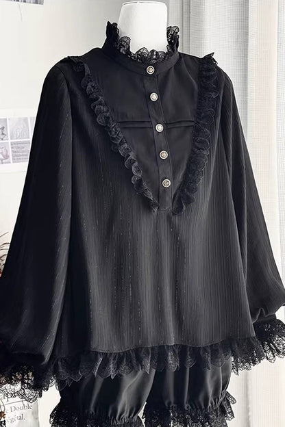 Black Stand Collar Long Short Sleeves Printed Ruffled Lace Gothic Ouji Lolita Set 2 Versions