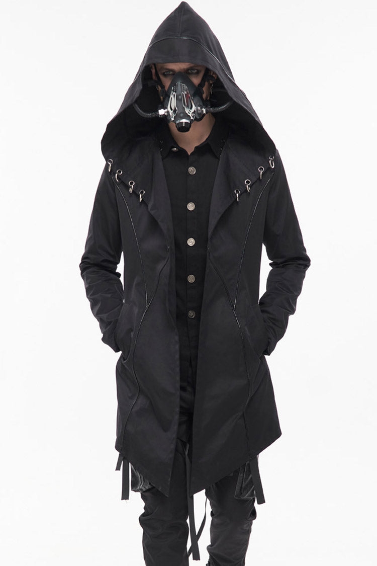 Black Punk Back Splicing Straps Design Windproof Fabric Daily Matching Hooded Casual Men's Coat