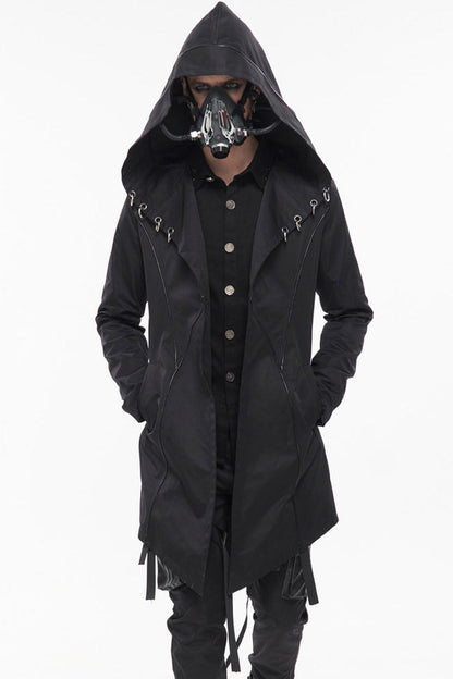 Black Punk Back Splicing Straps Design Windproof Fabric Daily Matching Hooded Casual Men's Coat
