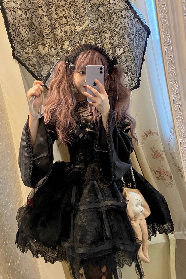 Black [Rose Cage] Ruffle Bowknot Lace Mesh Gothic Elegant Lolita Jsk Dress
