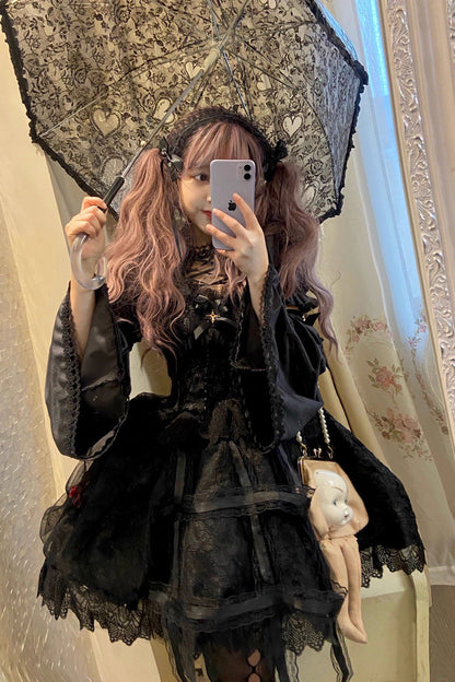 Black [Rose Cage] Ruffle Bowknot Lace Mesh Gothic Elegant Lolita Jsk Dress