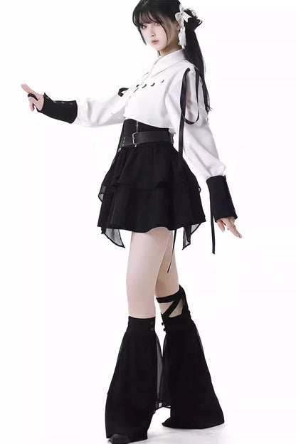 White/Black [Moonlight Flowing] Long/Short Sleeves Ruffled Asymmetric Gothic Jirai Kei Skirt Set