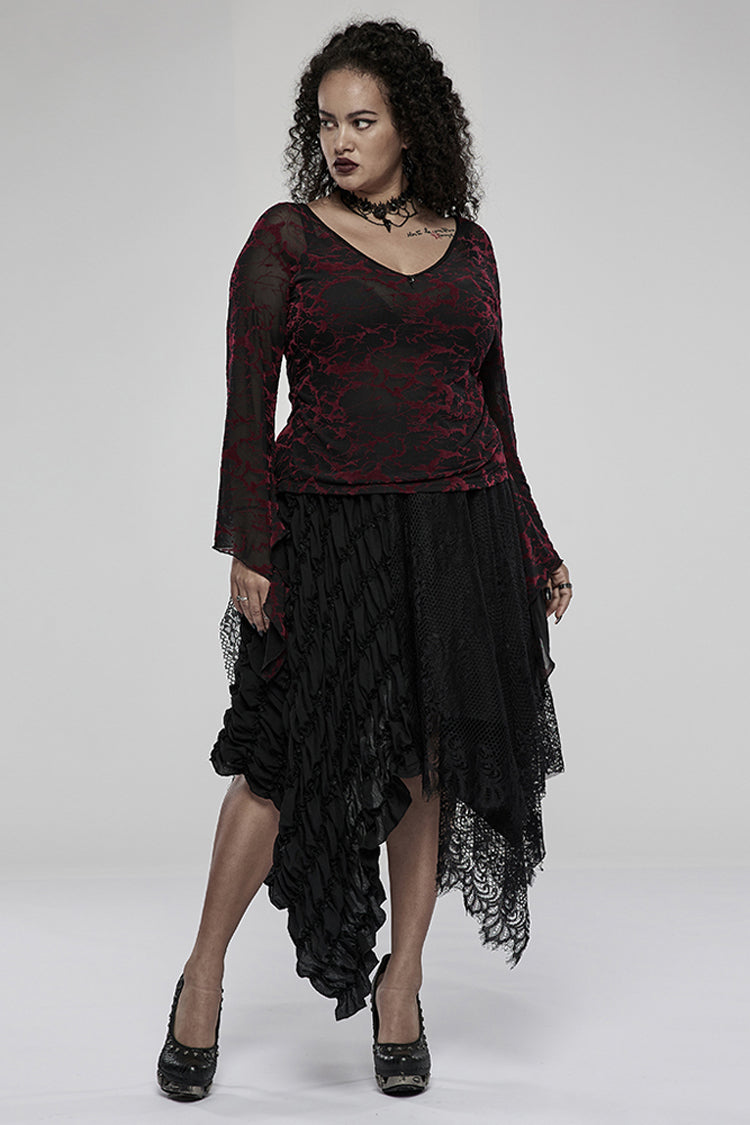 Red V Neck Stretch Mesh Fabric Abstract Pattern Design Flared Cuffs Women's Plus Size Gothic T-Shirt