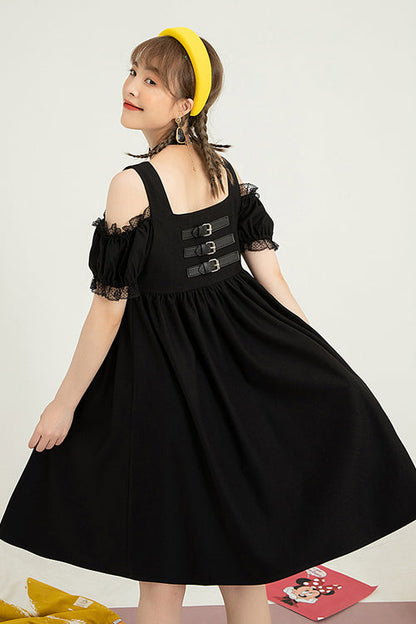 Black Puff Short Sleeve High Waisted Two Ways To Wear Before And After Sweet Lolita Dress