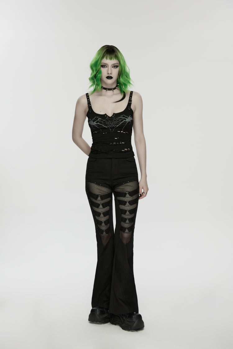 Black Spliced Slim Eyelet Women's Punk Pants