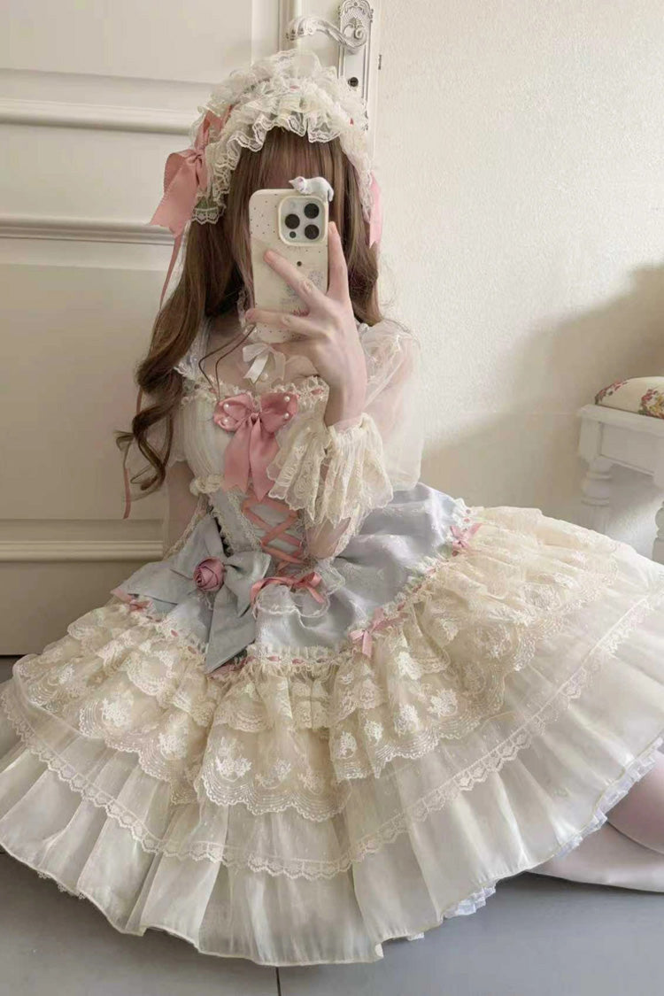 Blue [Rose Canticle] Sleeveless Multi-Layered Bowknot Lace Lace-Up Pearl Ballet Sweet Lolita Jsk Dress