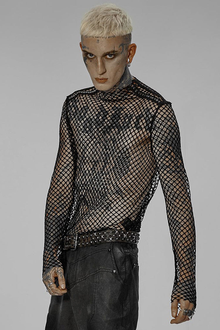 Black Punk Mesh See Through Sexy Long Sleeve Men's T-Shirt