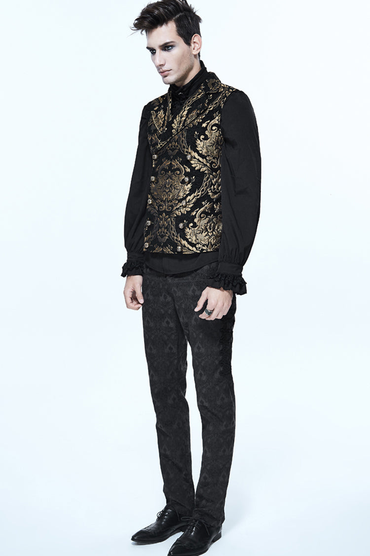 Black/Gold Short Big Jacquard Pattern Men's Gothic Waistcoat