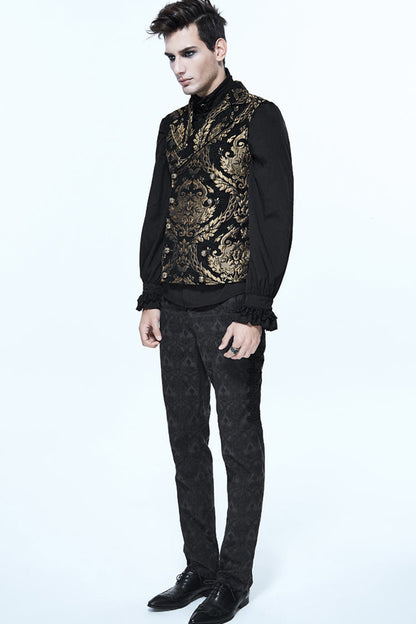 Black/Gold Short Big Jacquard Pattern Men's Gothic Waistcoat