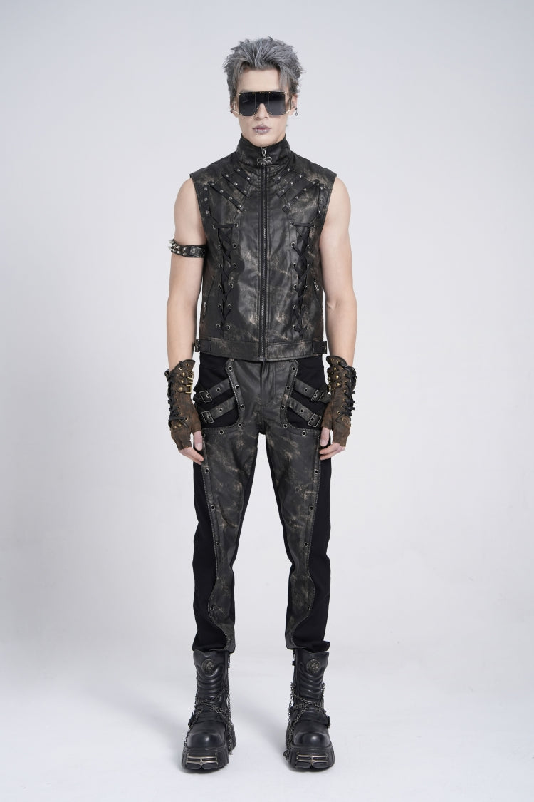 Black Stand Collar Sleeveless Strappy Stitching Zipper Men's Gothic Vest