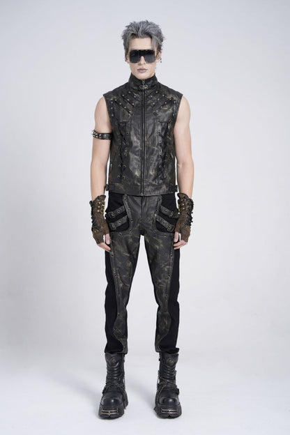 Black Stand Collar Sleeveless Strappy Stitching Zipper Men's Gothic Vest