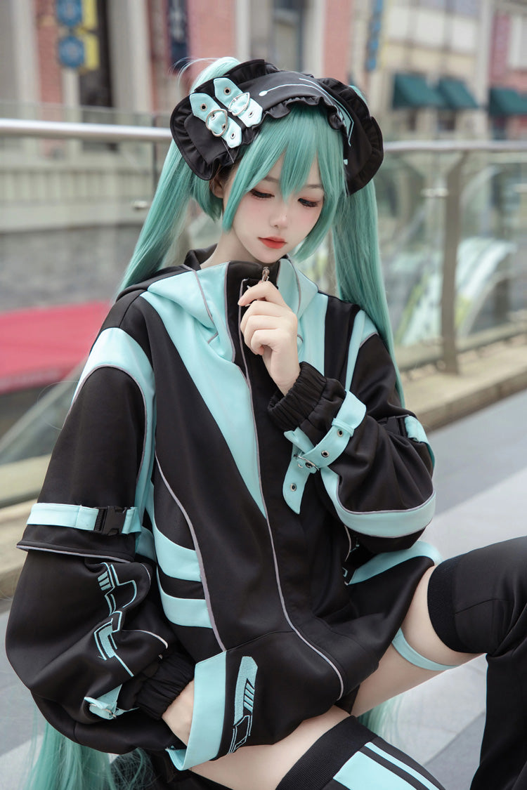 Black/Blue [Cyber Phantom] Hatsune Miku Long Sleeves Print Jirai Kei Cool Coat