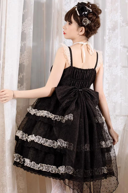 Black [Du Meisha's Star Wish] Sleeveless Triple-Layered Jacquard Ruffle Bowknot Sweet Gothic Lolita Jsk Dress