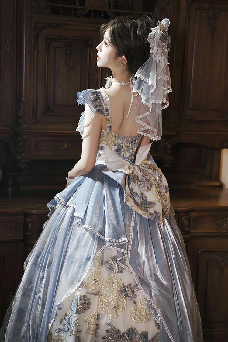 Blue [Jacaranda] Off Shoulder Short Sleeves Printed Ruffled Embroidered Bow Lace-Up Sweet Elegant Princess Lolita Dress