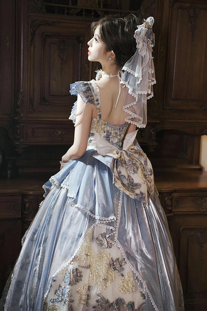 Blue [Jacaranda] Off Shoulder Short Sleeves Printed Ruffled Embroidered Bow Lace-Up Sweet Elegant Princess Lolita Dress