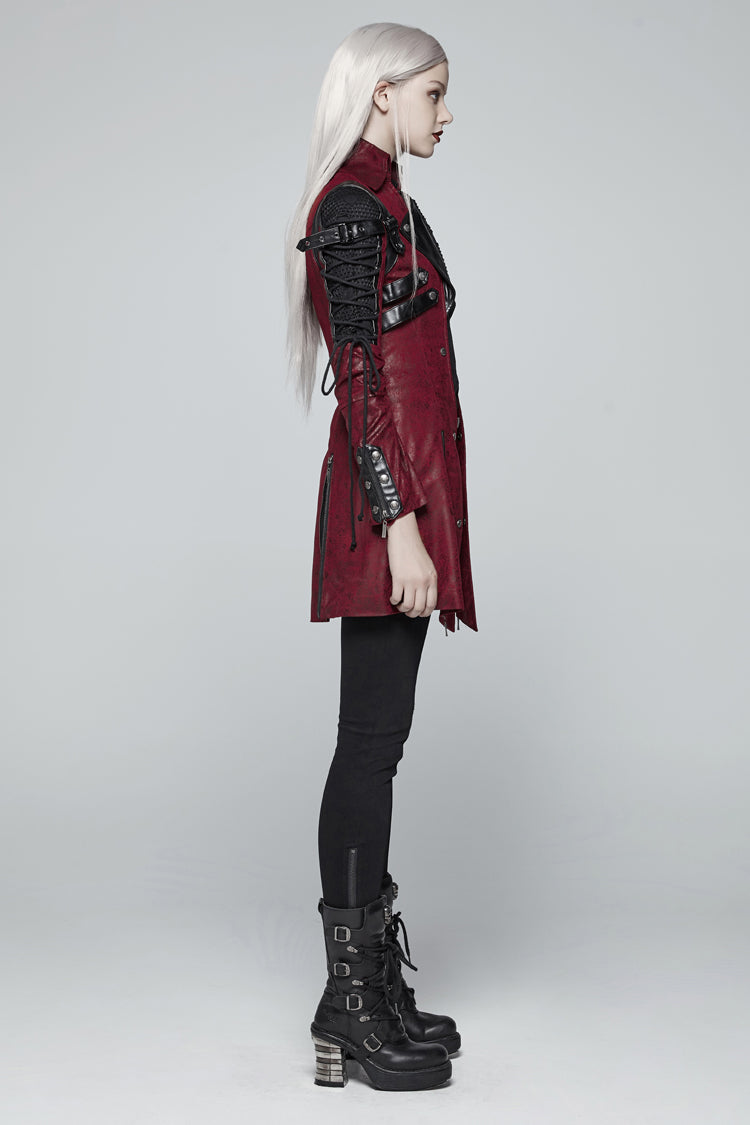 Red Metal Buckle Decoration Zipper Womens Steampunk Windbreaker Coat