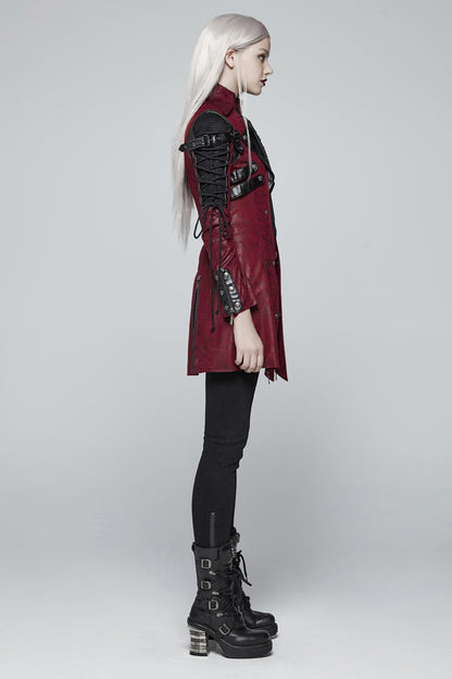 Red Metal Buckle Decoration Zipper Womens Steampunk Windbreaker Coat