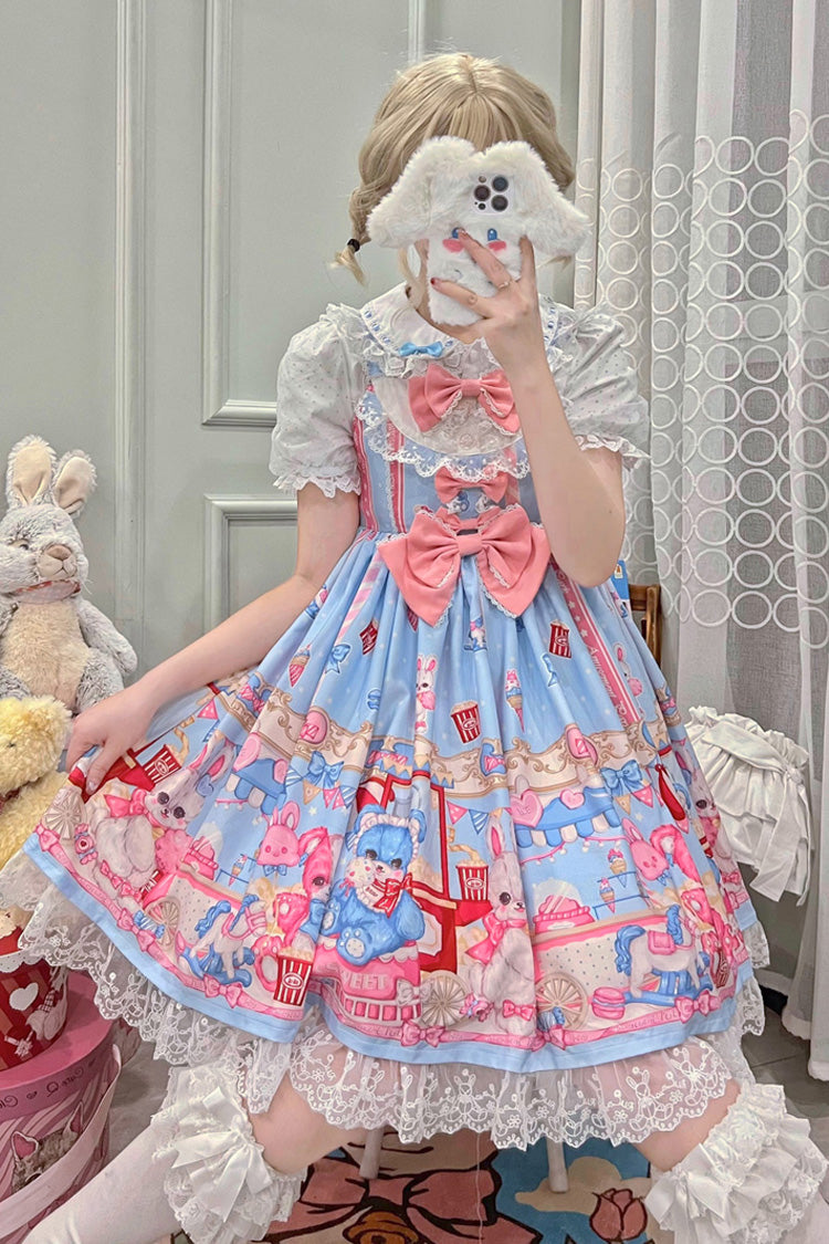 Blue/Pink Doll Playground Print Ruffle Bowknot Sweet Lolita Jsk Dress