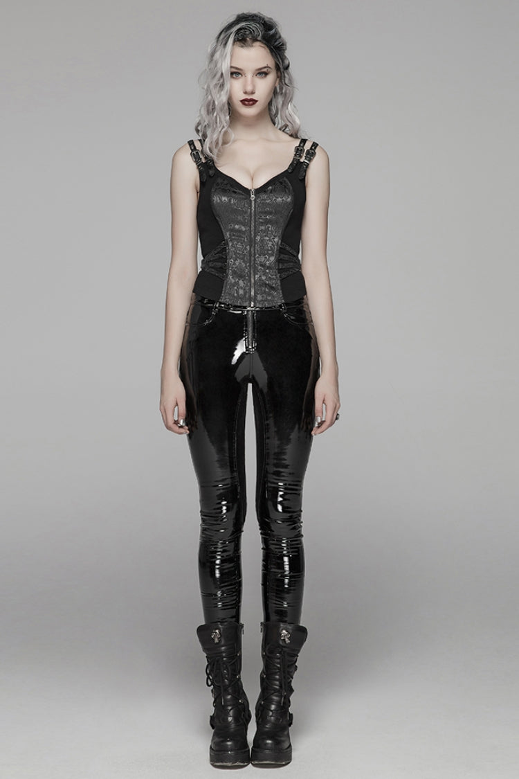 Steampunk Sleeveless Jacquard Print Metal Buckle Strap Metal Zipper Hollow Lace-Up Women's Vest 4 Colors