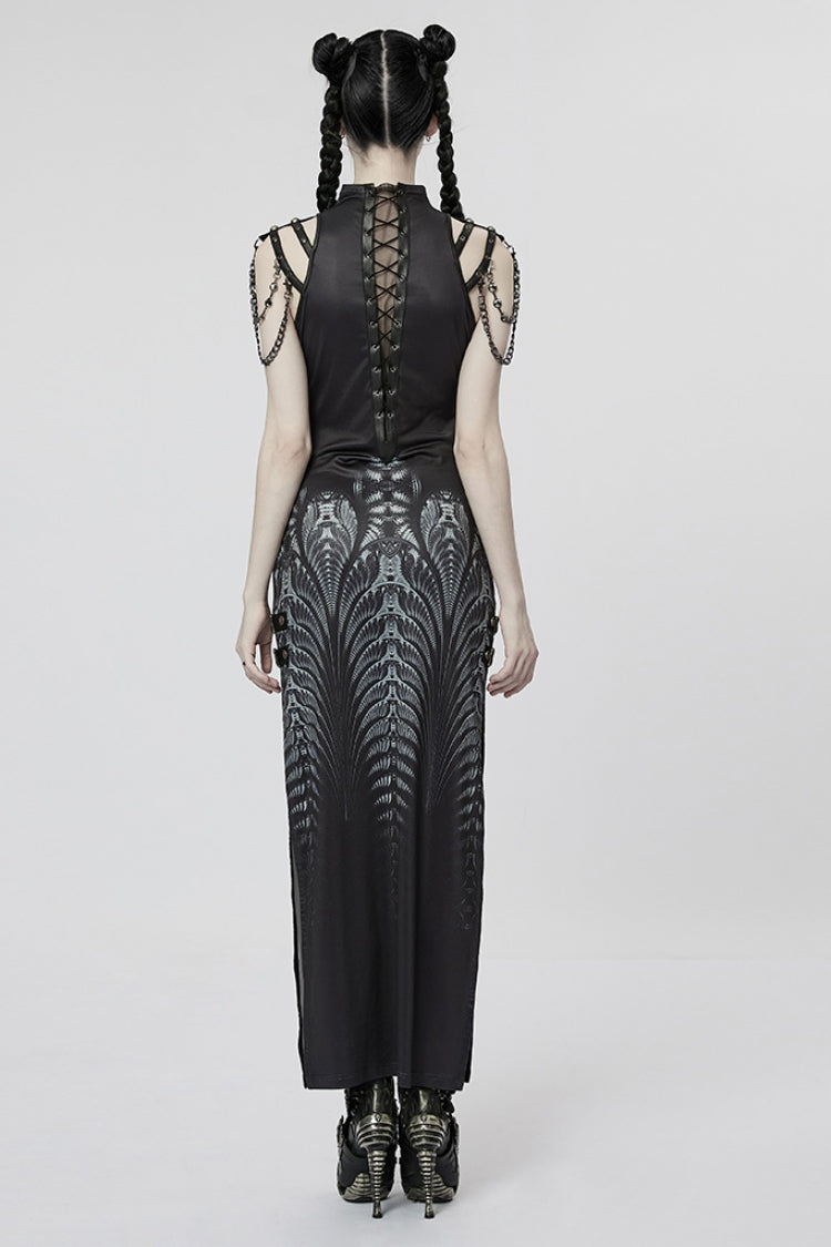 Black Print Lace-Up Side Slit Women's Gothic Dress with Chain