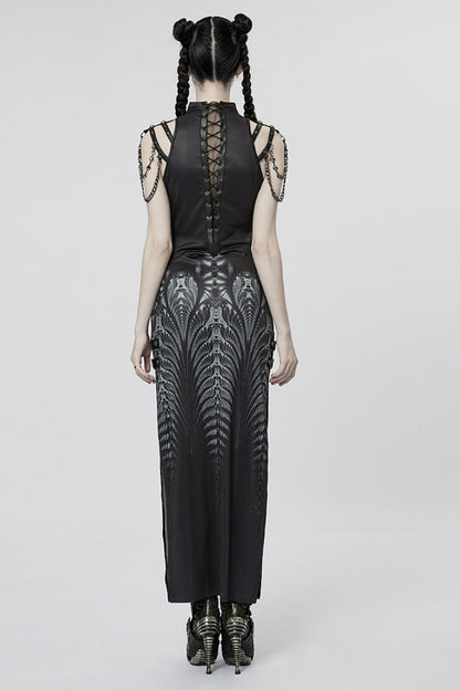 Black Print Lace-Up Side Slit Women's Gothic Dress with Chain