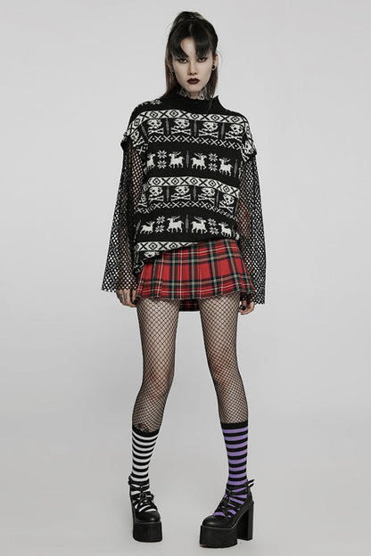 Black/White Stand Collar Long Sleeves Skull Deer Print Grunge Women's Gothic Loose Sweater