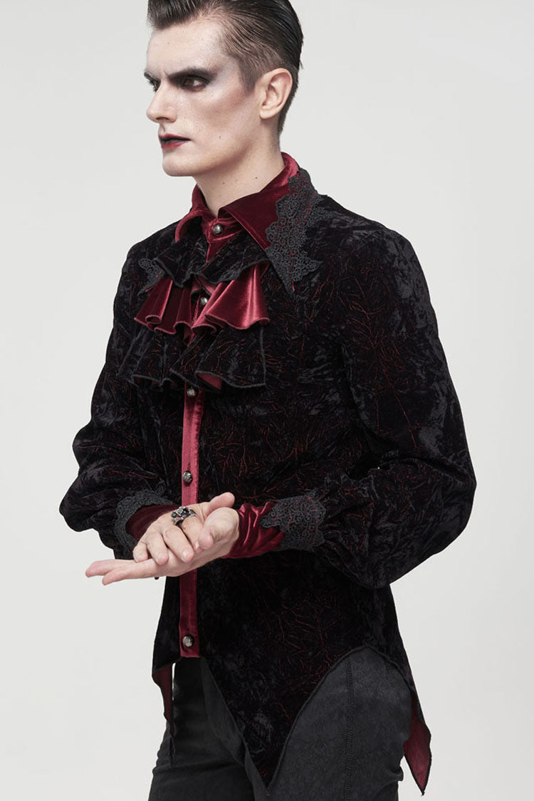Black/Red Gothic Lace Stand Collar Ruffle Lantern Sleeves Velvet Crack Men's Shirt