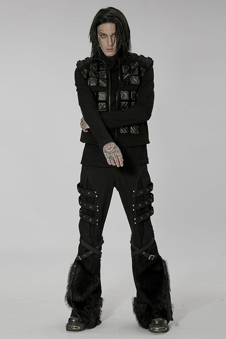 Black Punk High Collar Front Geometric Patterns Splicing Design Shoulder Padded Webbing Buckle Twill Men's Vest