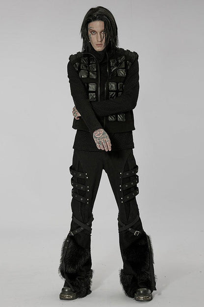 Black Punk High Collar Front Geometric Patterns Splicing Design Shoulder Padded Webbing Buckle Twill Men's Vest