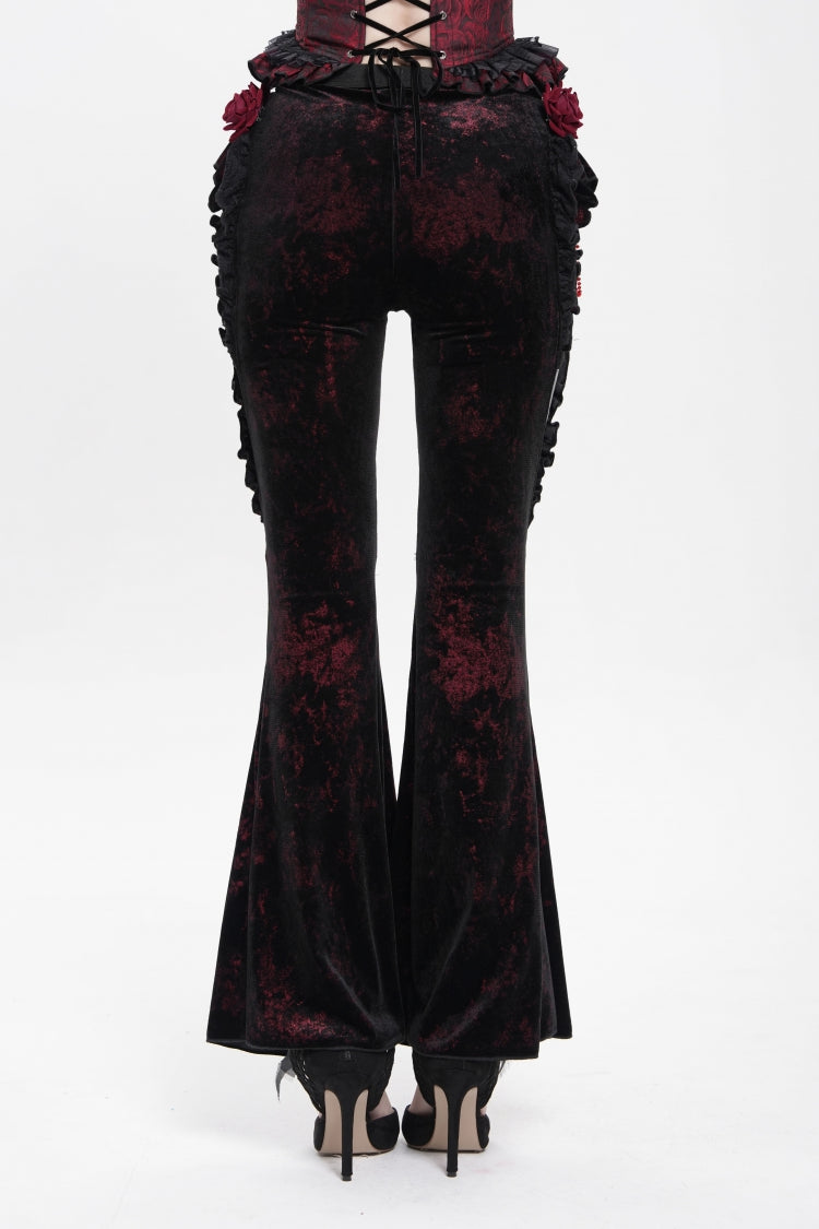 Black/Red  Ruffled Spliced Women's Gothic Floral Faux Leather&Velvet Ruffle Pants
