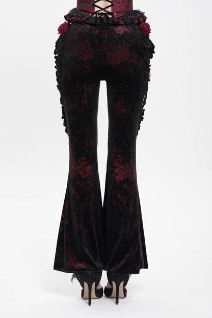 Black/Red  Ruffled Spliced Women's Gothic Floral Faux Leather&Velvet Ruffle Pants