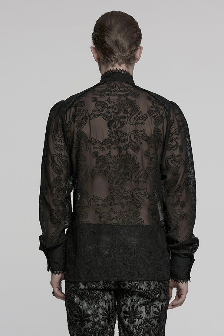 Black Stand Collar Chiffon Long Sleeves Hollow Embroidery Men's Gothic Blouse