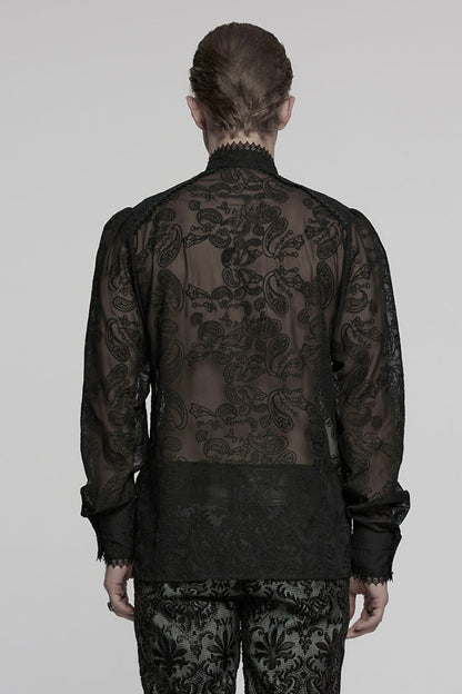 Black Stand Collar Chiffon Long Sleeves Hollow Embroidery Men's Gothic Blouse