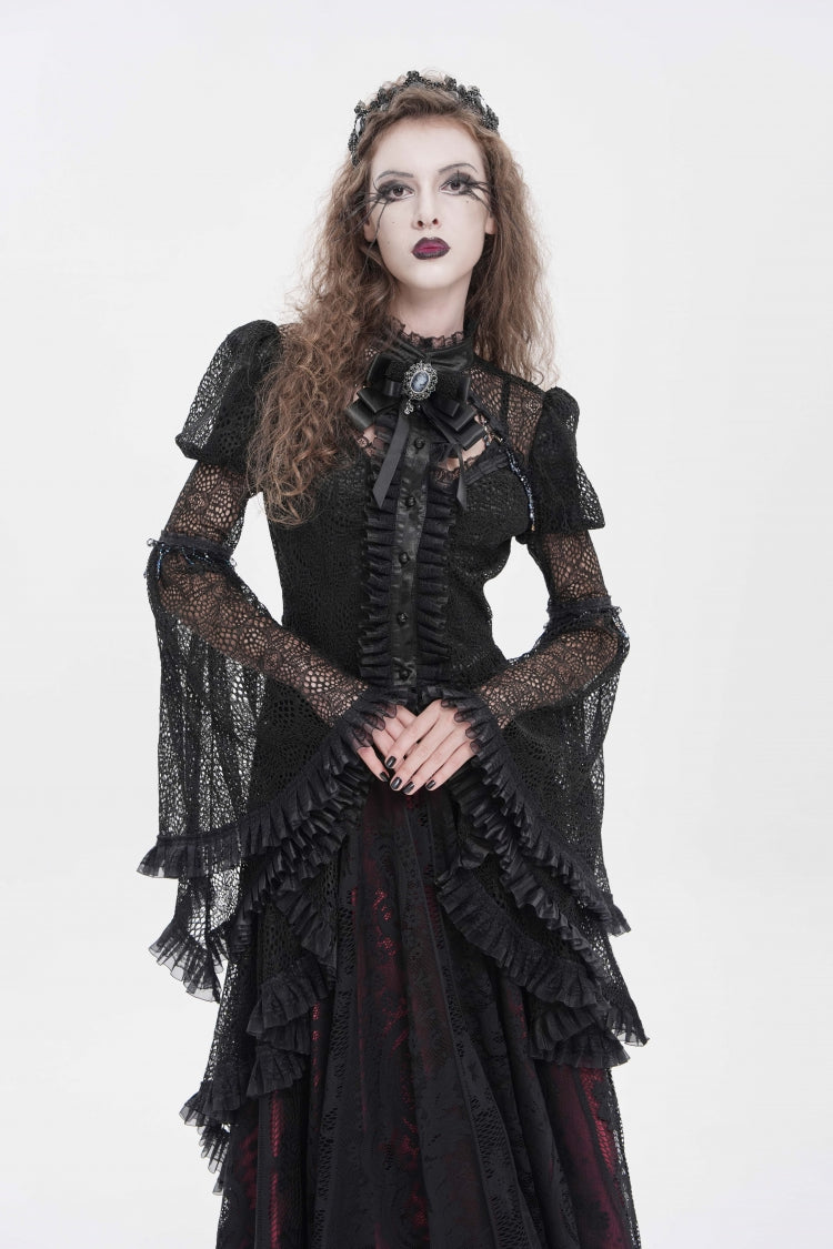 Black Stand Collar Long Trumpet Beaded Sleeves Cut-Out Bow Lace Women's Gothic Blouse