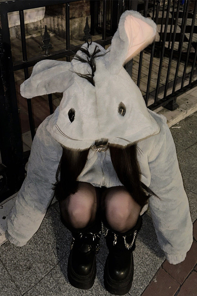 Grey Mouse Ears and Tail Long Sleeves Punk Jirai Kei Japanese Plush Coat