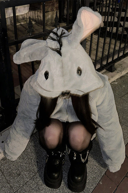 Grey Mouse Ears and Tail Long Sleeves Punk Jirai Kei Japanese Plush Coat