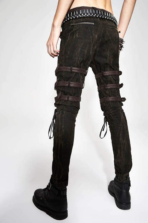 Brown Steampunk Multi Loops Embroider Lace Up Mens Pants