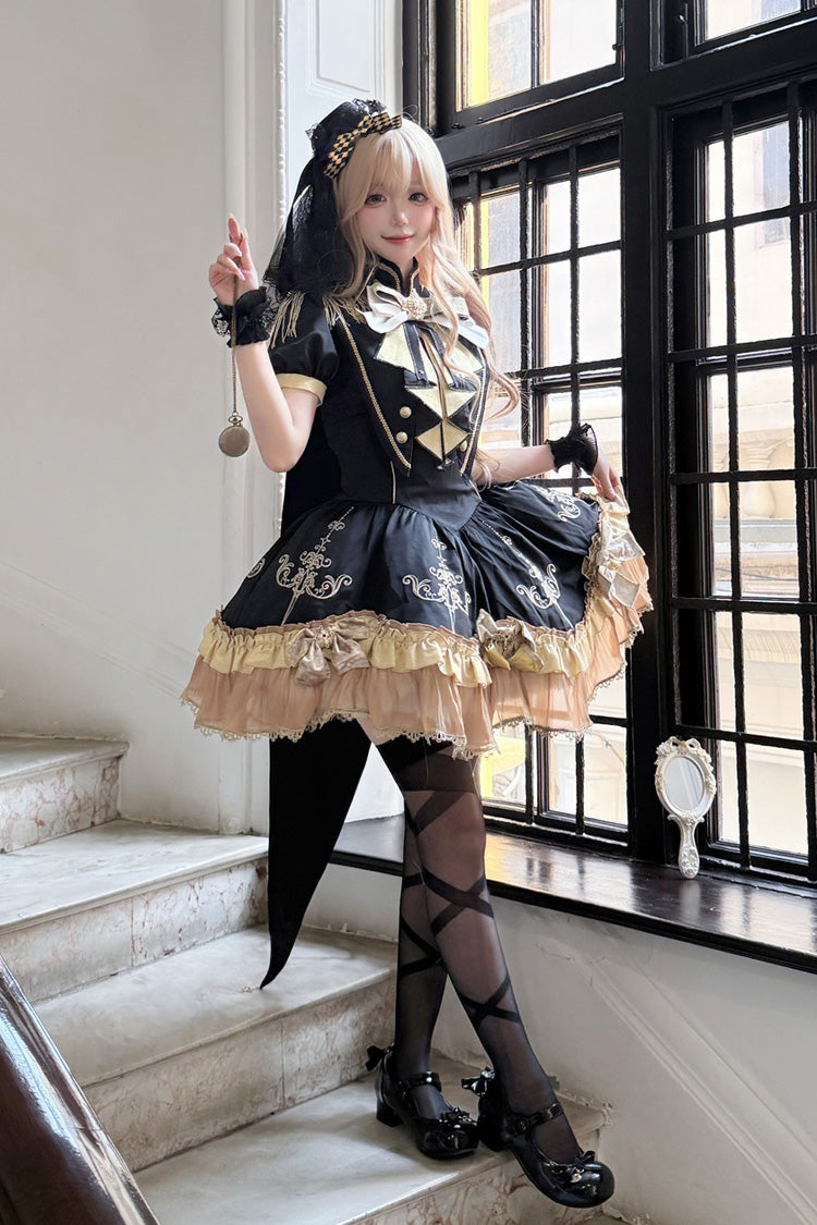 Black [Gilded Oath] Short Sleeves Double-Layered Ruffle Embroidery Bowknot Gothic Lolita Dress