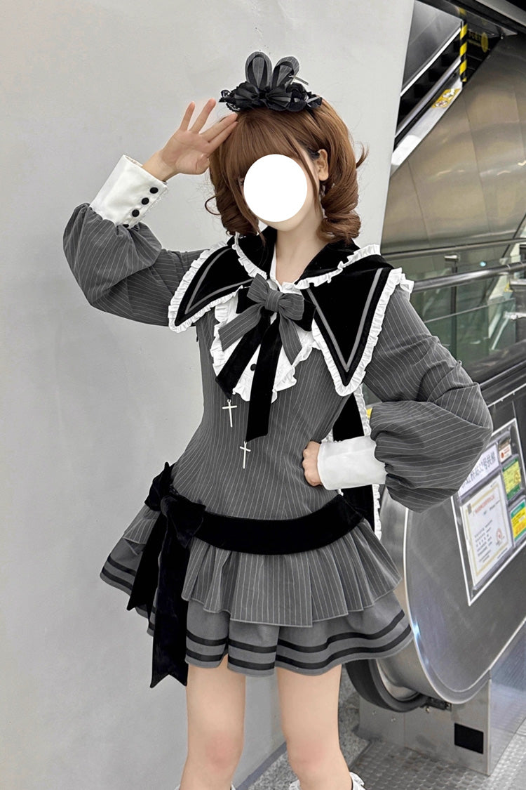 Black [Bizarre Rabbit Opera] Navy Collar Long Sleeves Print Ruffle Bowknot Gothic Lolita Dress