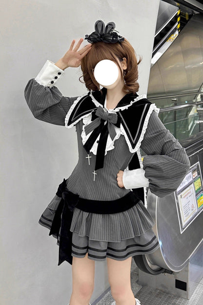 Black [Bizarre Rabbit Opera] Navy Collar Long Sleeves Print Ruffle Bowknot Gothic Lolita Dress