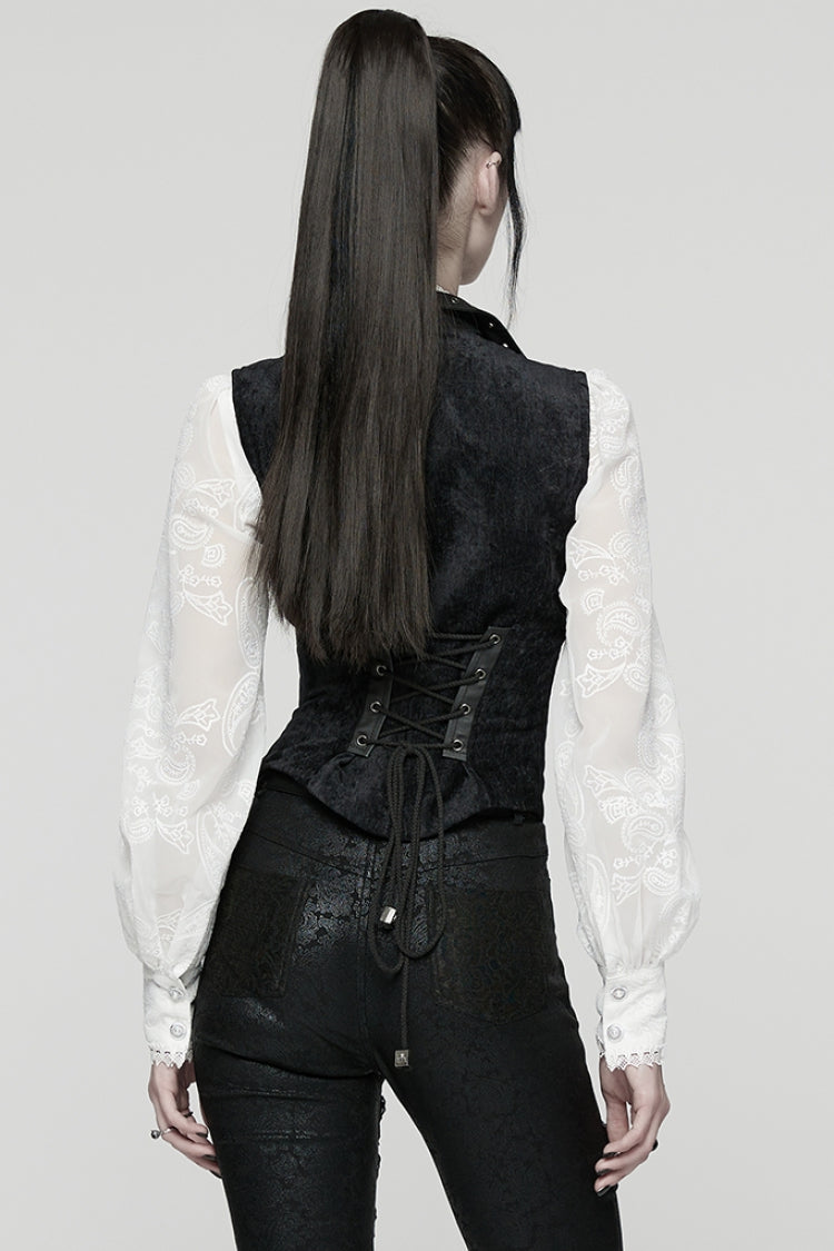 Black V Collar Sleeveless Lace-Up Buckled Eyelet Women's Gothic Vest