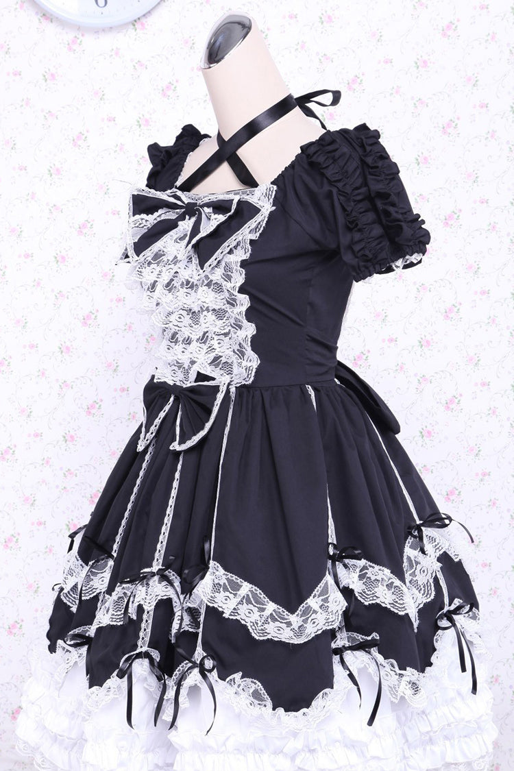 Black/White Cotton Square Collar Lace Trim Gothic Lolita Dress