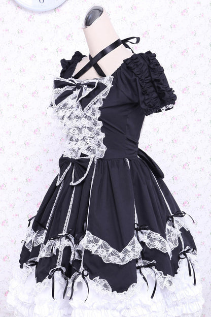 Black/White Cotton Square Collar Lace Trim Gothic Lolita Dress