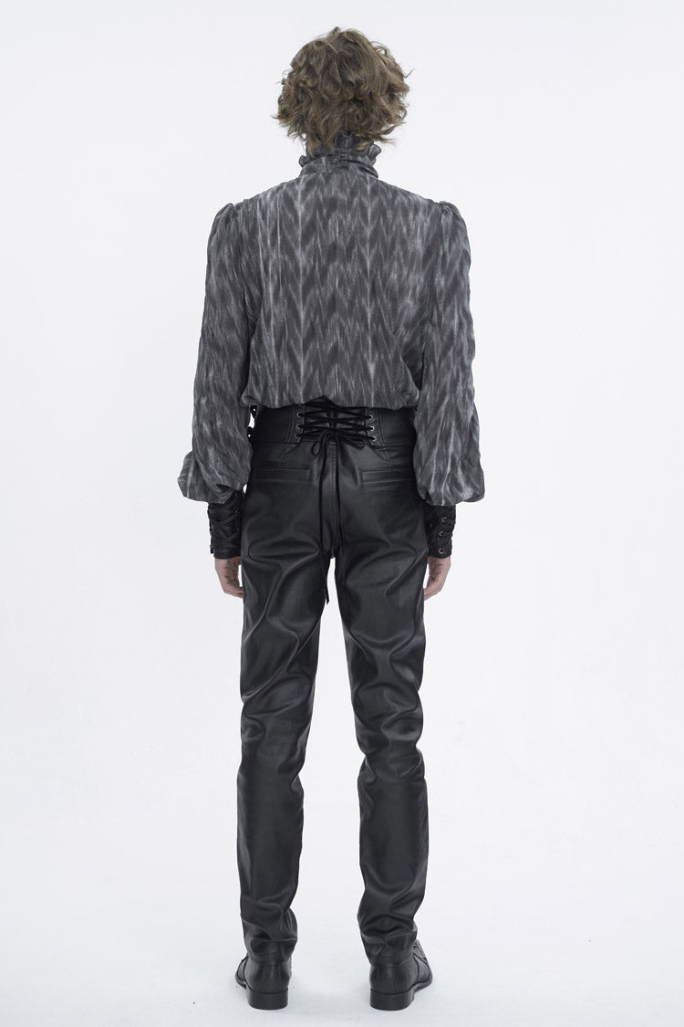 Black/Grey Ruffle Stand Collar Print Lace-Up Men's Gothic Blouse