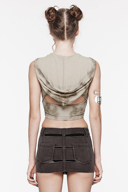 Black/Coffee Sleeveless Cutout Crossed Hooded Women's Punk Tank Top