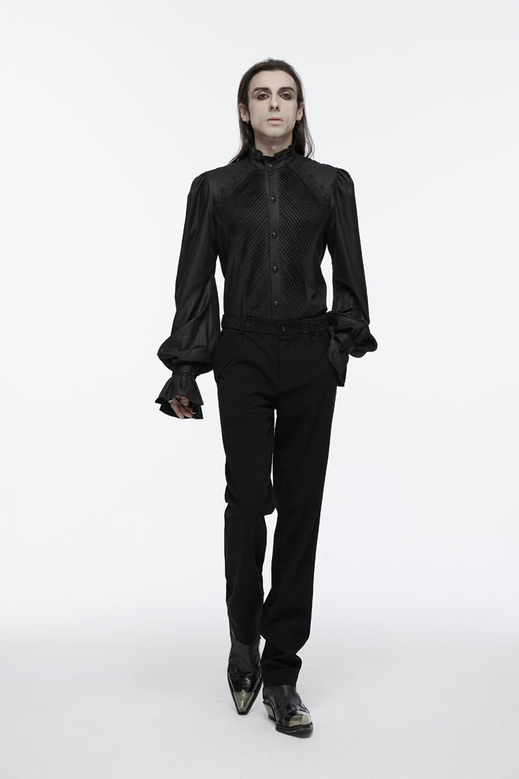 Black Stand Collar Long Puff Sleeves Crochet Men's Gothic Blouse