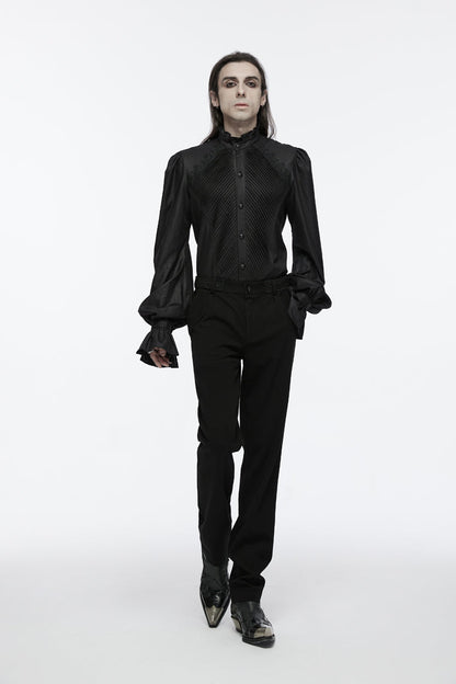 Black Stand Collar Long Puff Sleeves Crochet Men's Gothic Blouse