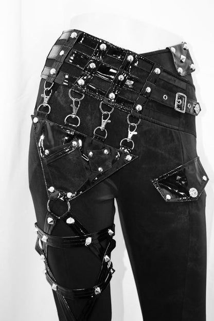 Black Punk Leather Loops Asymmetric Knitted Stretch Womens Pants