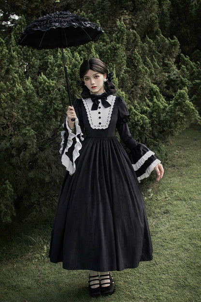 Black [Sleepless Night] Long Hime Sleeves Ruffle Bowknot Gothic Lolita Dress