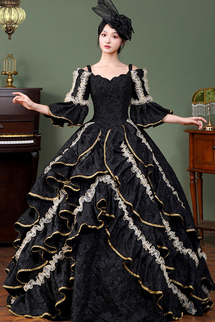 Black Square Collar Half Trumpet Sleeves Ruffled Open-Front Lace Gothic Vintage Palace Lolita Victorian Dress